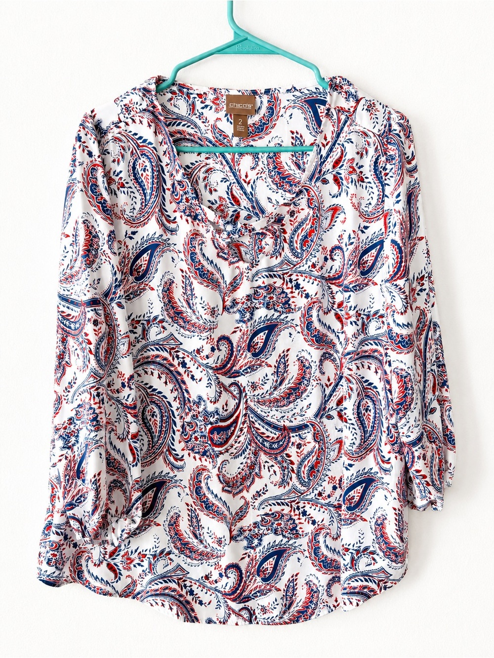 Chico's White Paisley V-Neck Blouse with Navy & Red Print